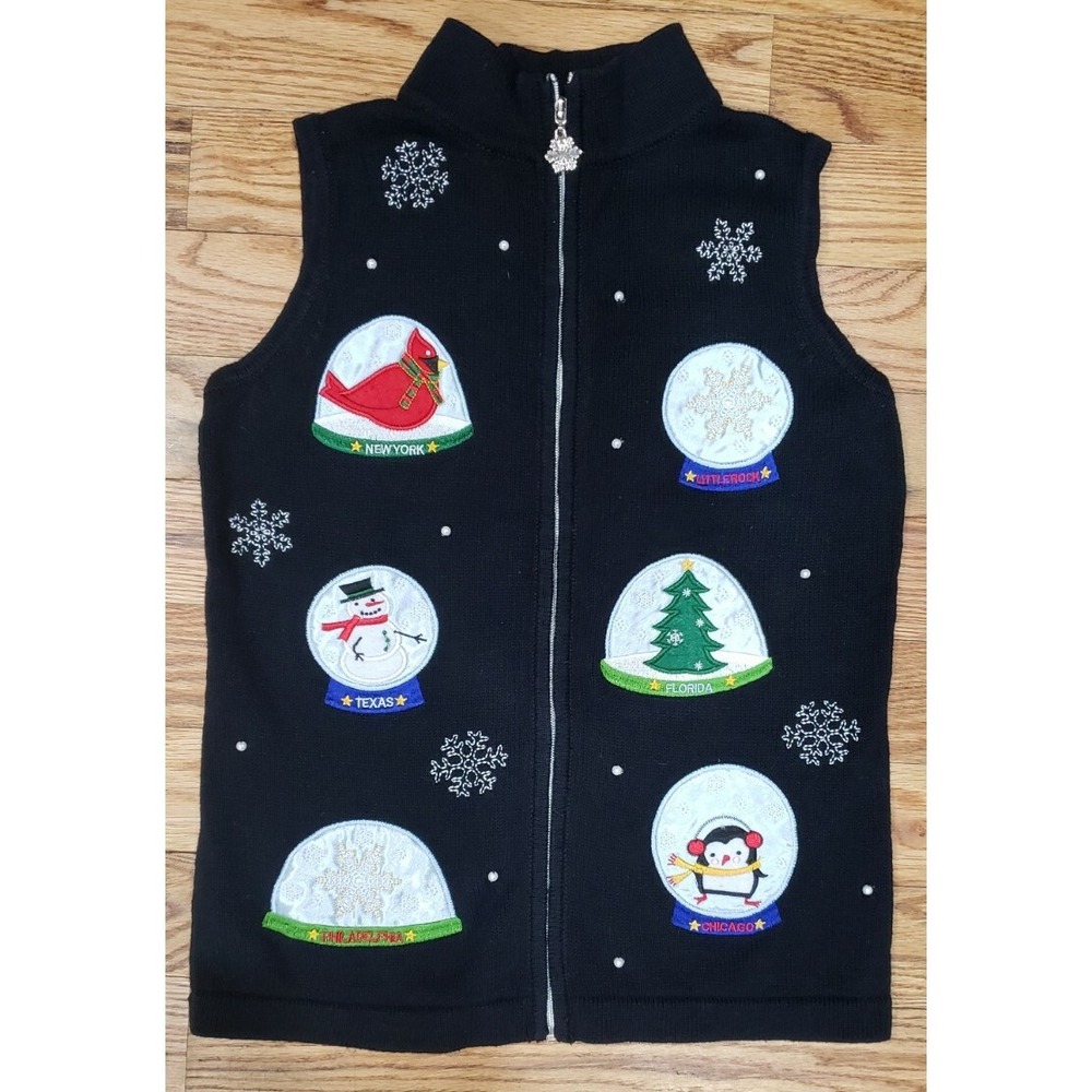 Nouveaux Christmas Snow Globe w/ Cities Embellish Vest Ugly Sweater‎ Petite Med
